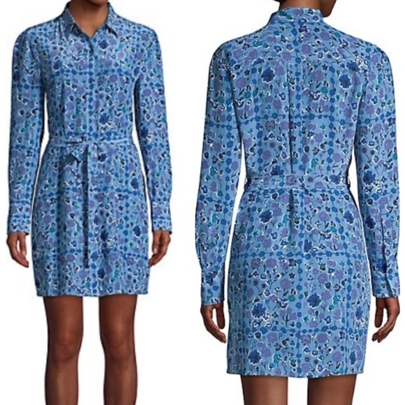 EQUIPMENT • Femme Rosalee Blue Floral Printed Long Sleeve Silk Mini Dress - Picture 16 of 16